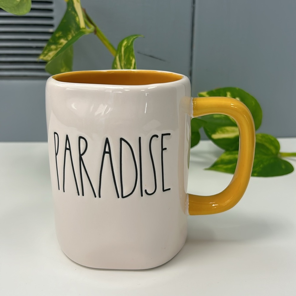 {Rae Dunn} "PARADISE" Mug - White with Yellow Handle and Interior, NEW, GIFT